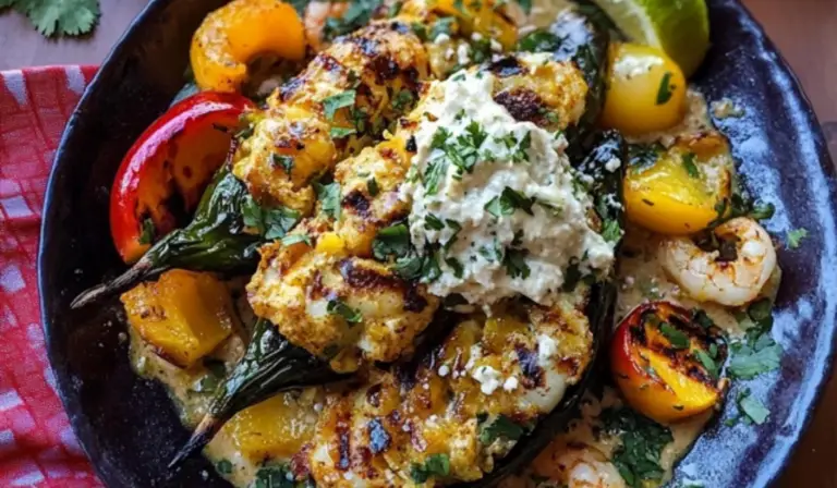 Grilled Chiles Rellenos with Chipotle Mango-Peach Mojo Shrimp