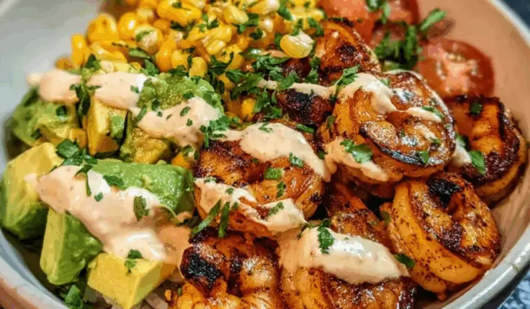 Grilled Shrimp Bowl with Avocado-Corn Salsa and Creamy Garlic Sauce: A Fresh, Flavorful One-Bowl Meal